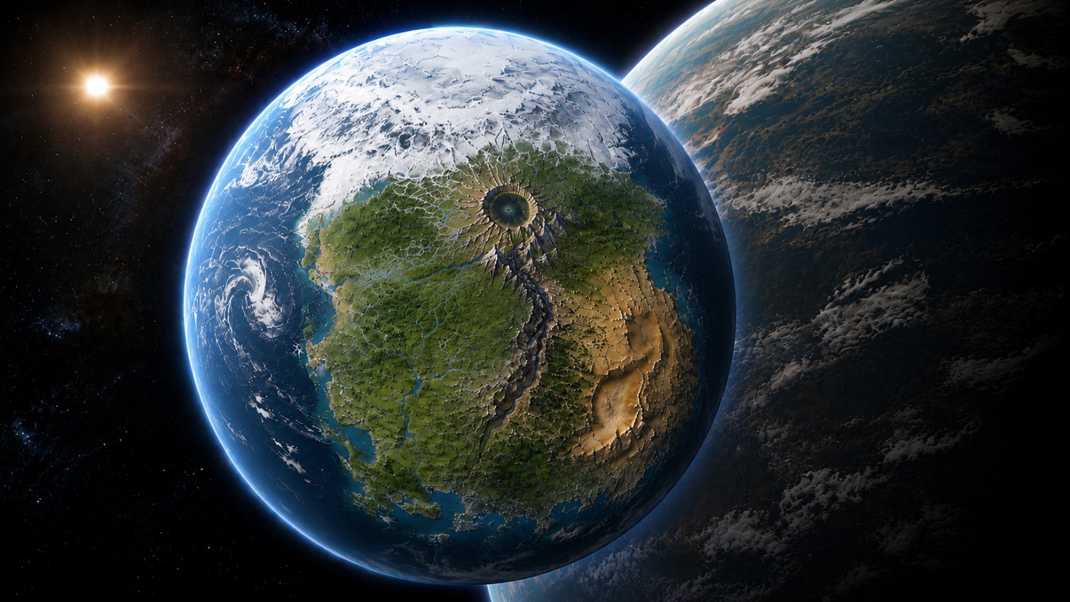 The planet Saa, with an immense crater and branching rivers, set against a giant planet
